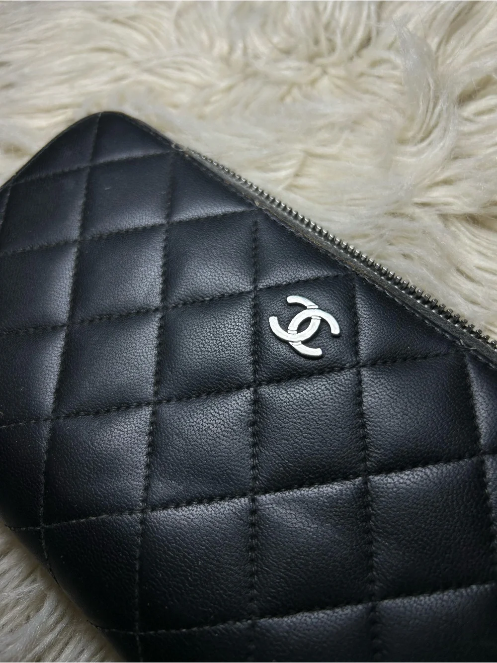 CHANEL Black Quilted Zip-Around Wallet with Silver CC